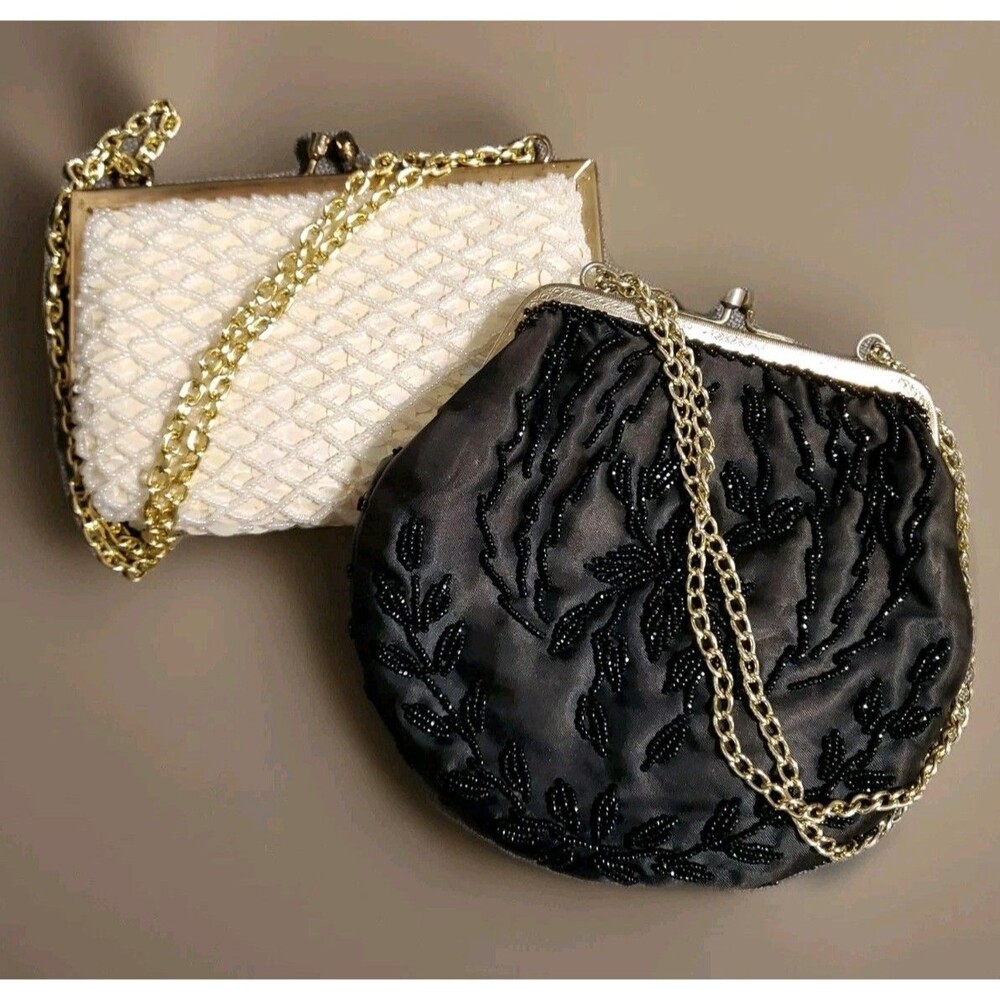 Whimsy Goth Black Handmade Satin Beaded/ WH Sequin Beaded 2 Vintage Evening Bags